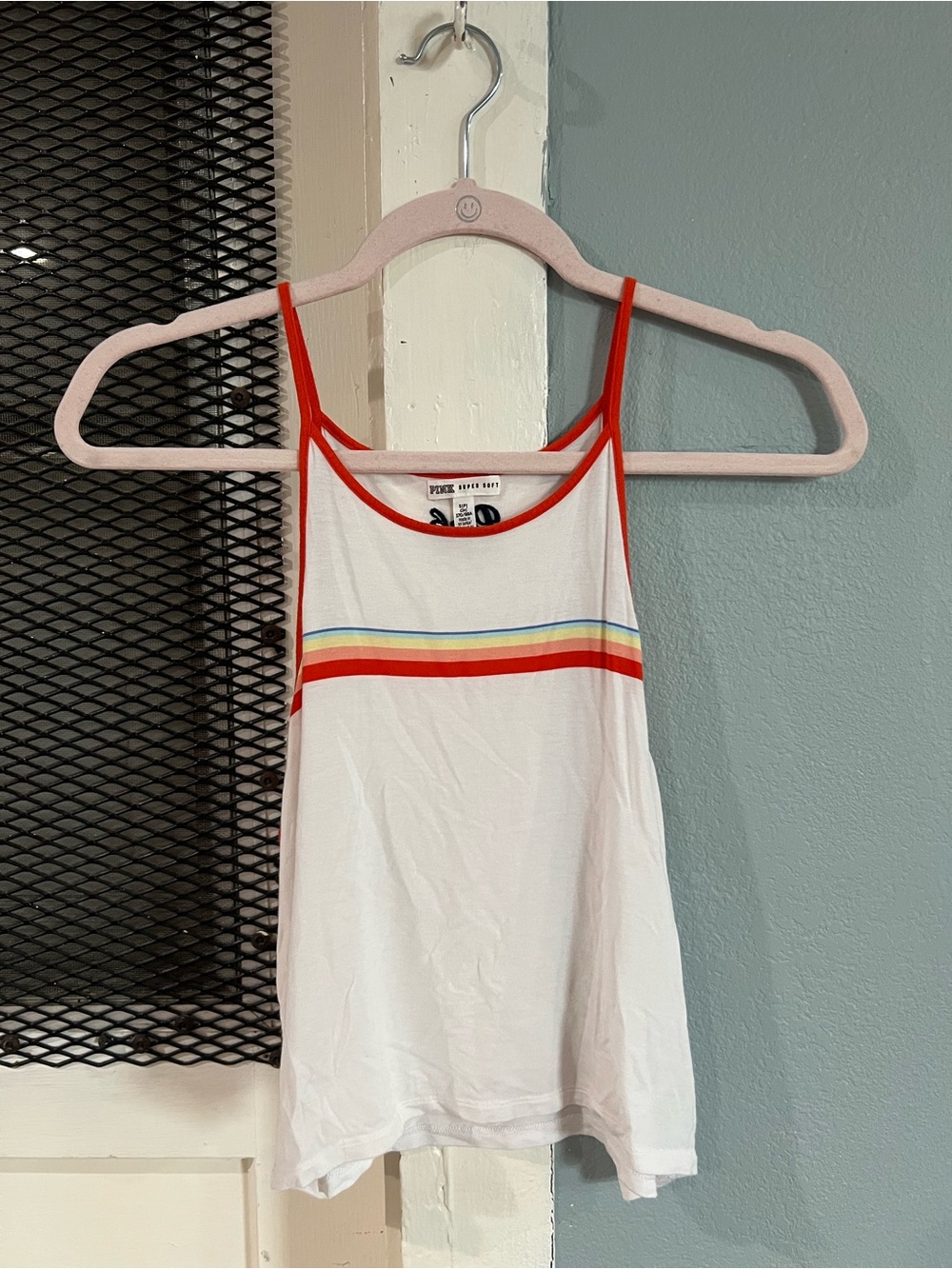 PINK Victoria's Secret White Tank with Red Trim and Rainbow Stripe